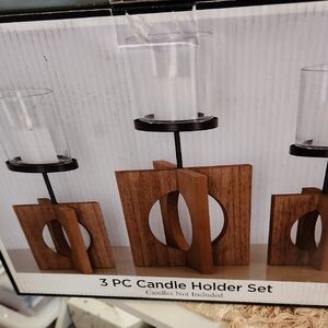BNIB 3 PC Wooden Candle Holder Set with Glass